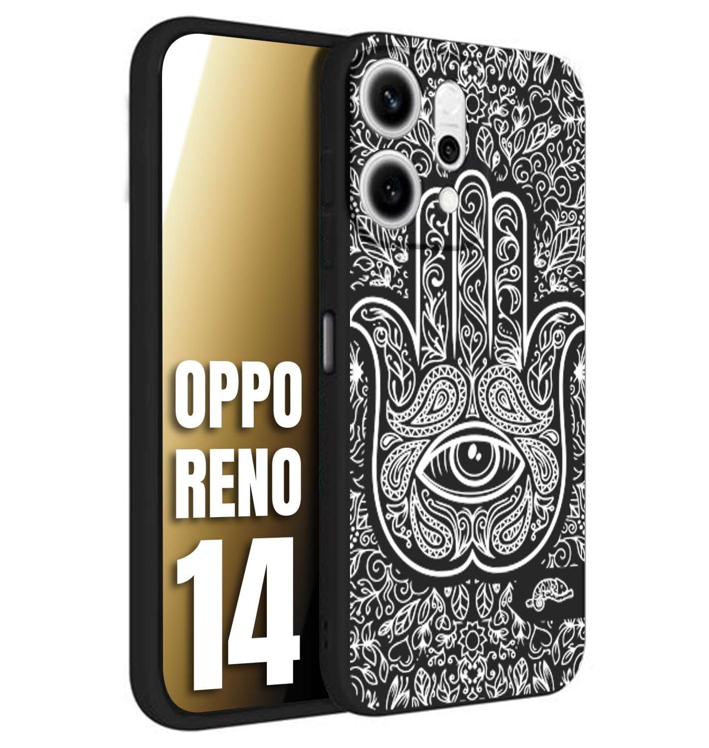 CUSTOMIZZA - Custodia cover nera morbida in tpu compatibile per Oppo Reno 14 mano di fatima effetto rilievo mandala donna