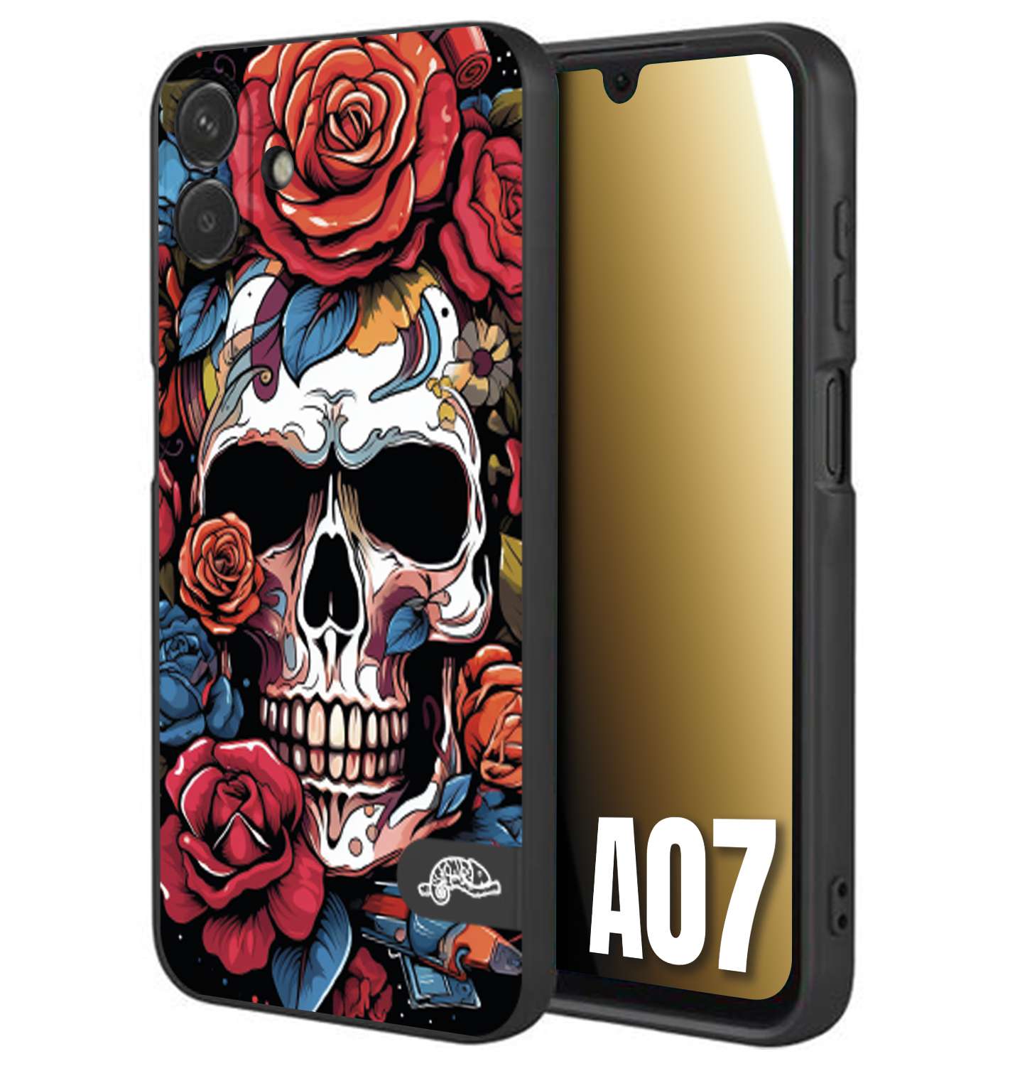CUSTOMIZZA - Custodia cover nera morbida in tpu compatibile per Samsung A07 teschio skull flowers fiori rose rosse tattoo disegnato