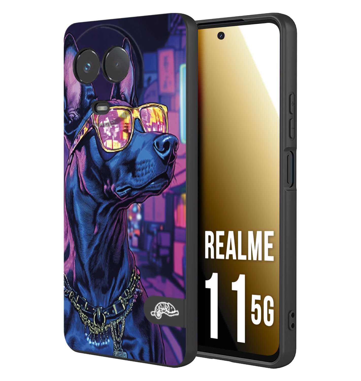 CUSTOMIZZA - Custodia cover nera morbida in tpu compatibile per Realme 11 5G animali cyberpunk dobermann cane street dog fucsia blu night