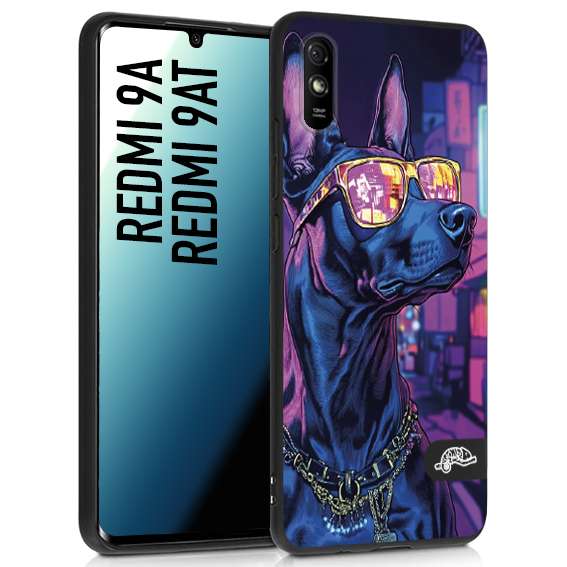 CUSTOMIZZA - Custodia cover nera morbida in tpu compatibile per Xiaomi Redmi 9A - 9AT animali cyberpunk dobermann cane street dog fucsia blu night