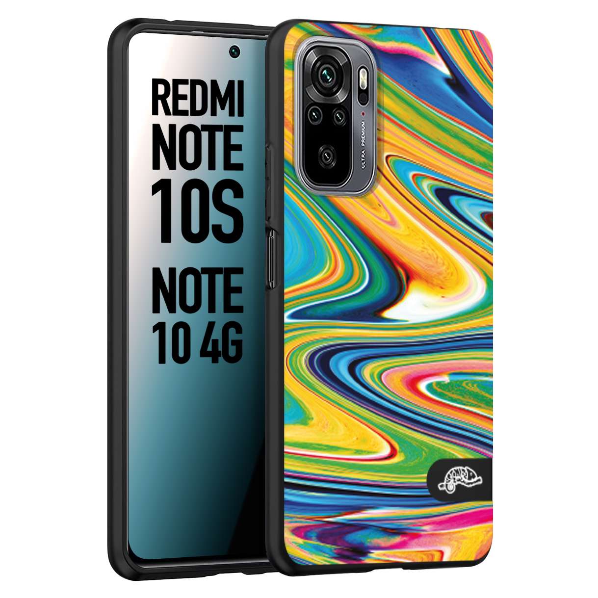 CUSTOMIZZA - Custodia cover nera morbida in tpu compatibile per Xiaomi Redmi Note 10S colorata fantasia vortice marmo arcobaleno gialla verde blu