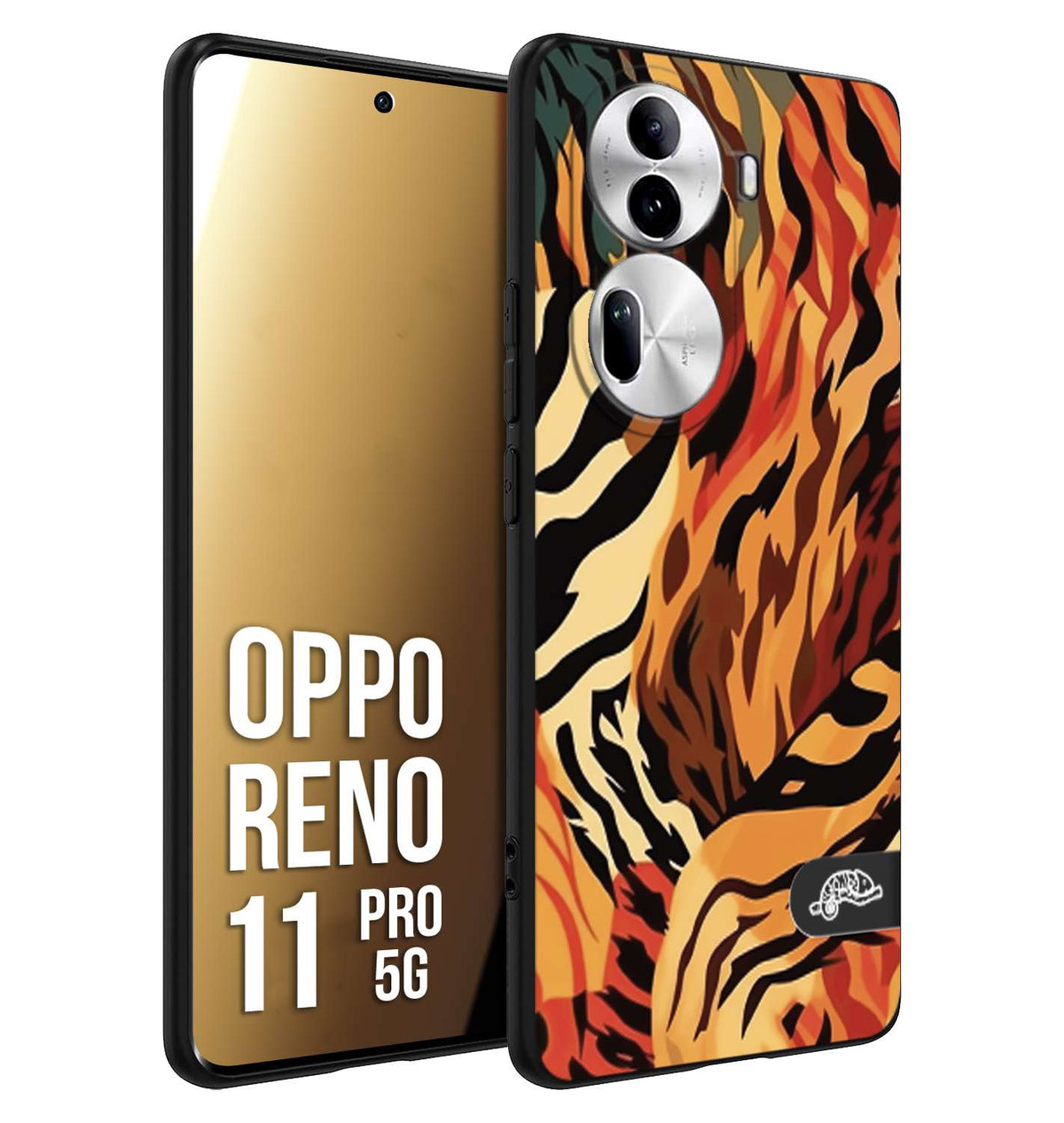 CUSTOMIZZA - Custodia cover nera morbida in tpu compatibile per Oppo Reno 11 PRO 5G leopardato maculato tigrato tiger colorata gialla rossa arancio