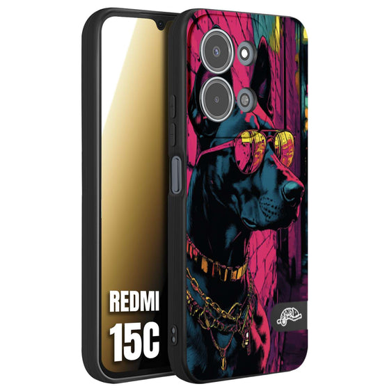 CUSTOMIZZA - Custodia cover nera morbida in tpu compatibile per Xiaomi Redmi 15C animali cyberpunk dobermann cane street dog fucsia blu