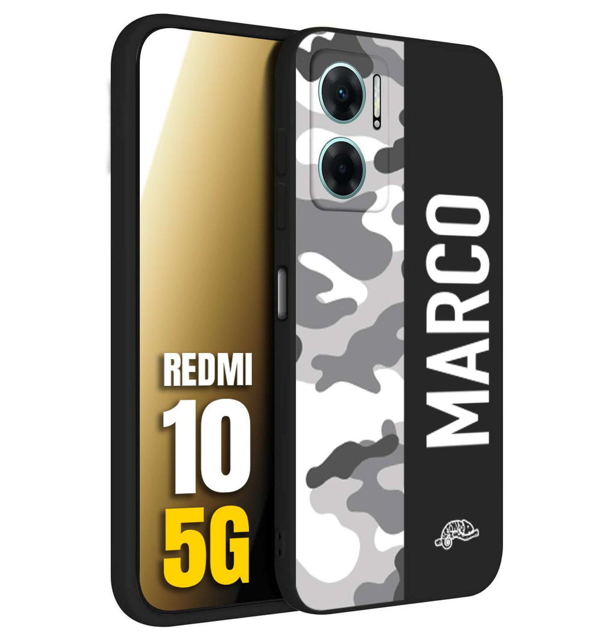 CUSTOMIZZA - Custodia cover nera morbida in tpu compatibile per Xiaomi Redmi 10 5G camouflage mimetico militare personalizzata nome bianco