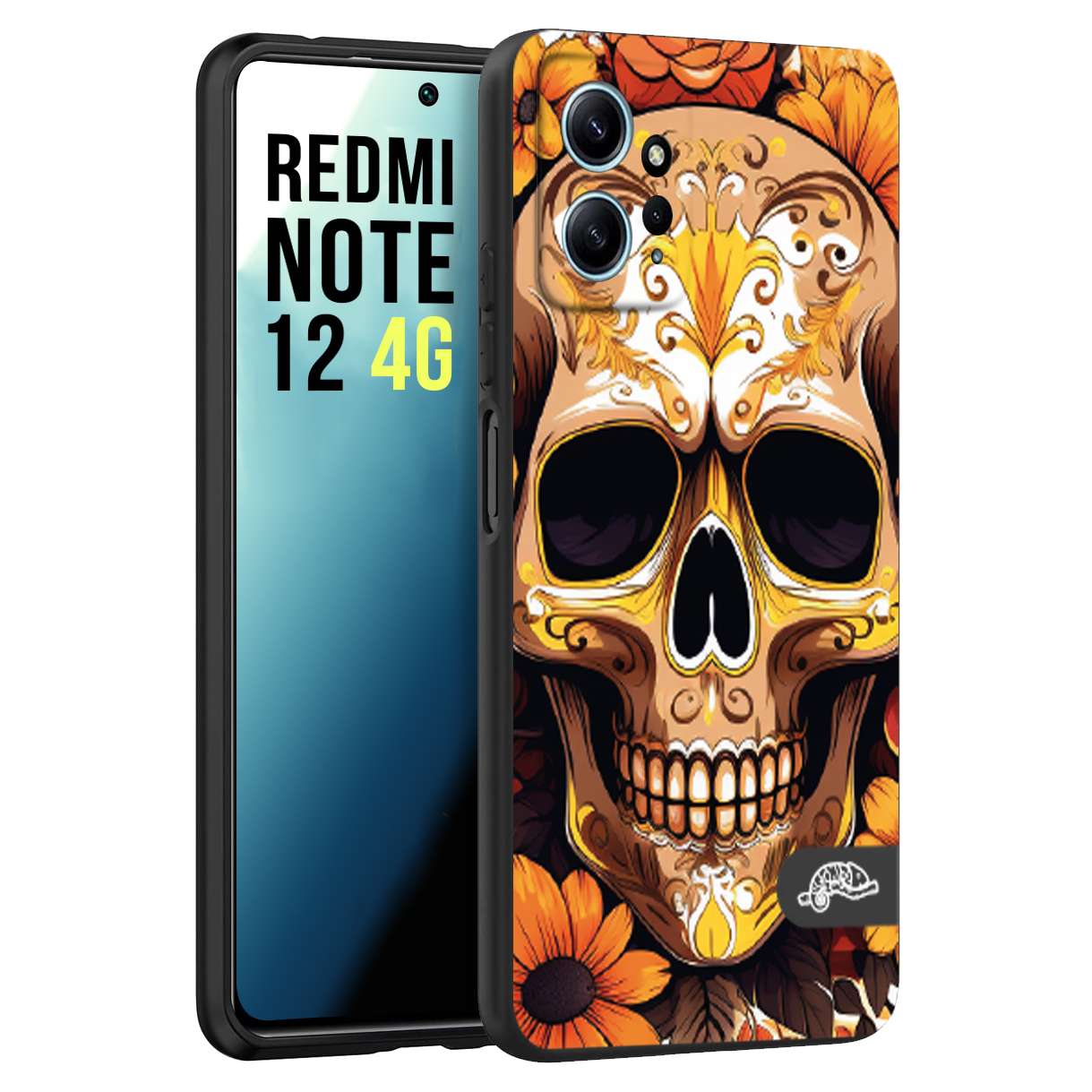 CUSTOMIZZA - Custodia cover nera morbida in tpu compatibile per Xiaomi Redmi Note 12 4G teschio messicano colorato dorato fiori tattoo disegnato