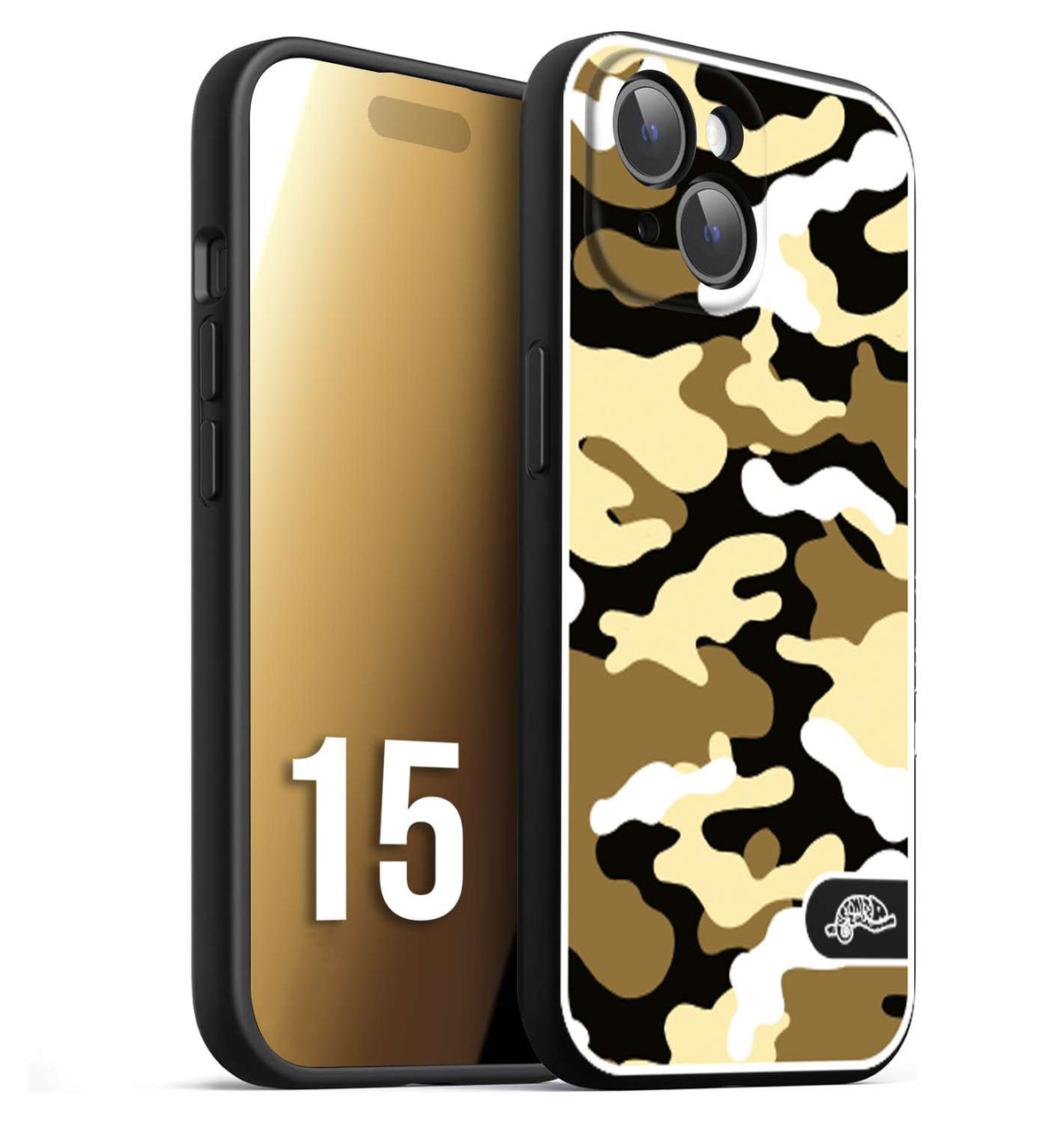 CUSTOMIZZA - Custodia cover nera morbida in tpu compatibile per iPhone 15 camouflage mimetico militare giallo desert brown