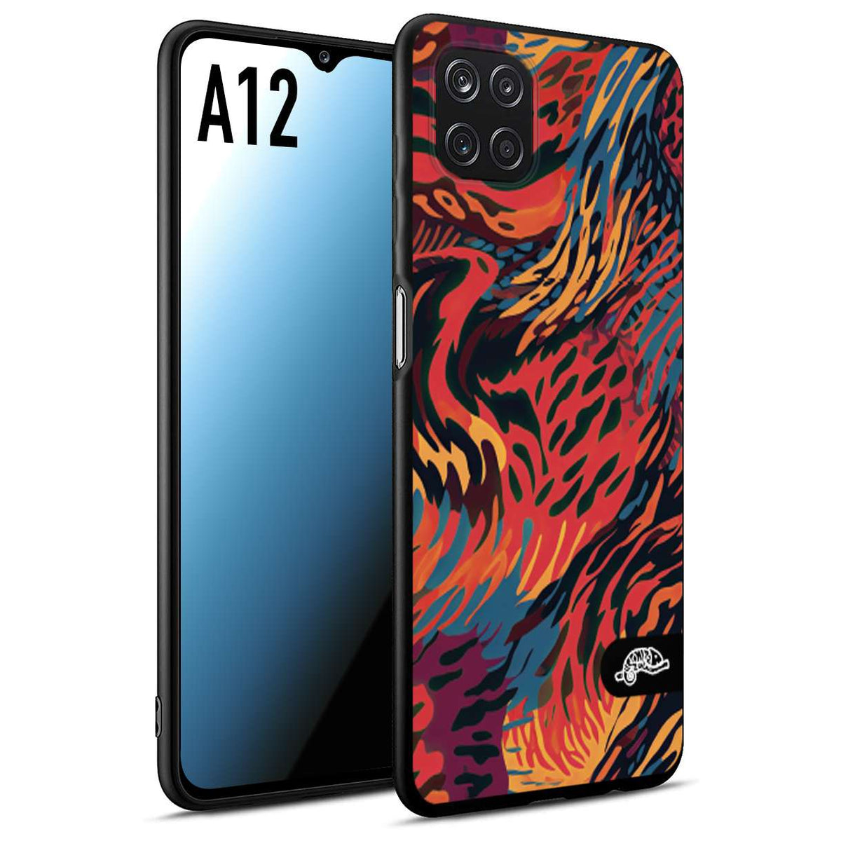 CUSTOMIZZA - Custodia cover nera morbida in tpu compatibile per Samsung A12 leopardato maculato tigrato colorata fiamme rossa blu arancione