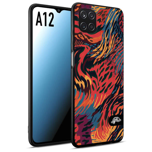 CUSTOMIZZA - Custodia cover nera morbida in tpu compatibile per Samsung A12 leopardato maculato tigrato colorata fiamme rossa blu arancione