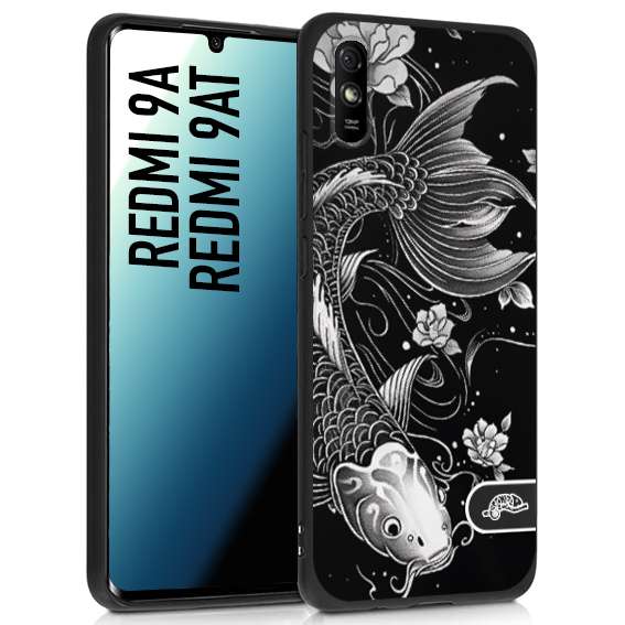 CUSTOMIZZA - Custodia cover nera morbida in tpu compatibile per Xiaomi Redmi 9A - 9AT carpa koi black and white bianco a rilievo disegnato tattoo tatuaggio