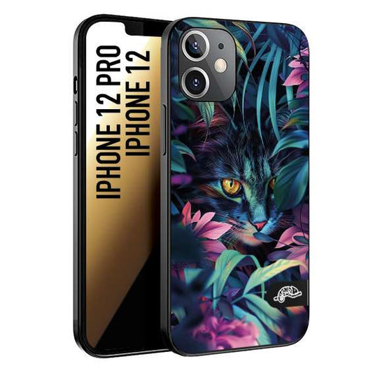 CUSTOMIZZA - Custodia cover nera morbida in tpu compatibile per iPhone 12 - 12 PRO animali color giungla tropicale occhio di gatto colori vibranti disegnato