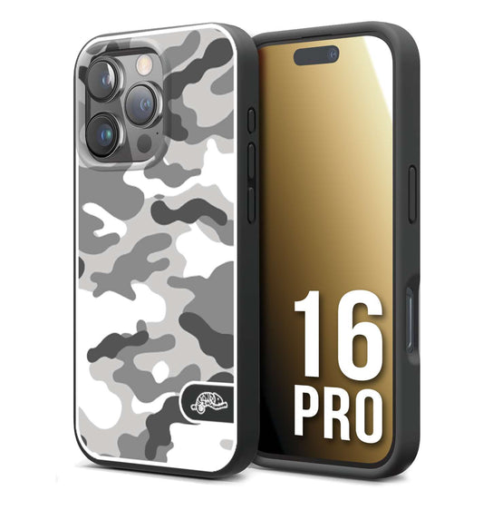 CUSTOMIZZA - Custodia cover nera morbida in tpu compatibile per iPhone 16 PRO camouflage mimetico militare bianco white