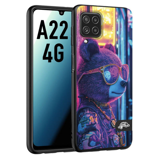 CUSTOMIZZA - Custodia cover nera morbida in tpu compatibile per Samsung A22 4G animali cyberpunk orsetto orso street bear fucsia blu night