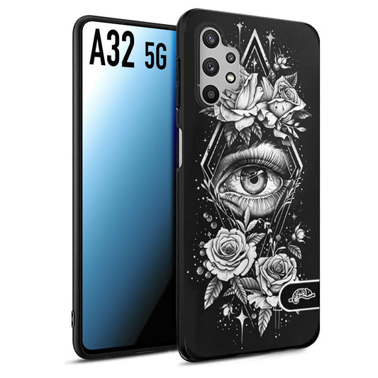 CUSTOMIZZA - Custodia cover nera morbida in tpu compatibile per Samsung A32 5G occhio fiori rombo geometrico black and white bianco a rilievo disegnato tattoo tatuaggio