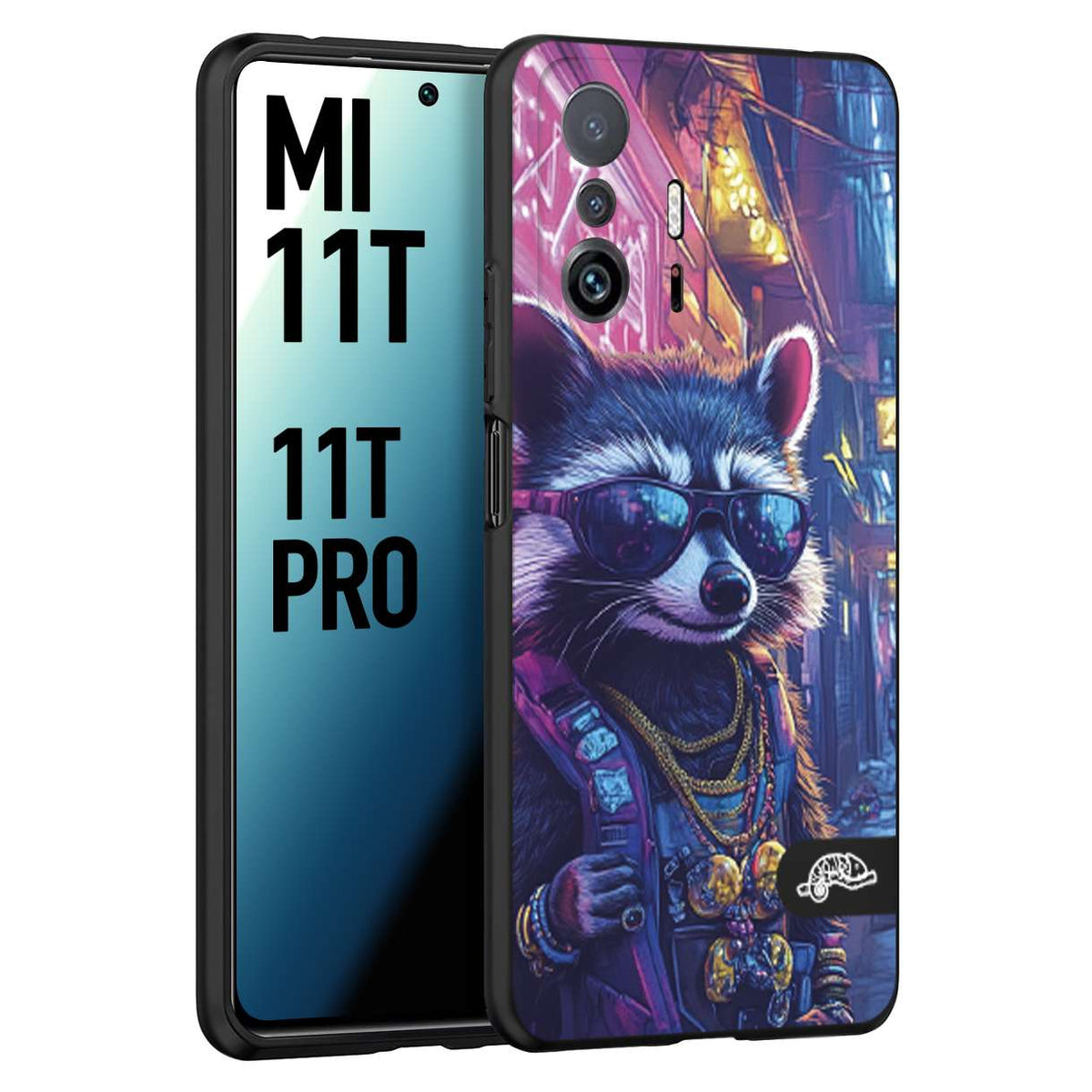 CUSTOMIZZA - Custodia cover nera morbida in tpu compatibile per Xiaomi Mi 11T - Mi 11T PRO animali simpatici cyberpunk procione racoon street cat fucsia blu giallo