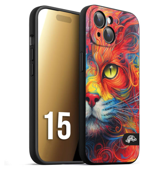 CUSTOMIZZA - Custodia cover nera morbida in tpu compatibile per iPhone 15 animali color cat gatto viso colori vibranti disegnato schizzo