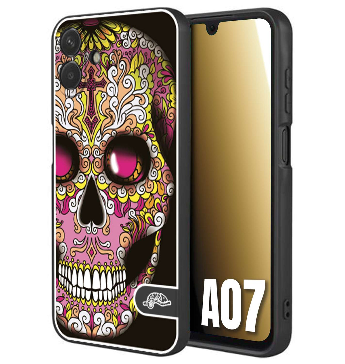 CUSTOMIZZA - Custodia cover nera morbida in tpu compatibile per Samsung A07 teschio messicano Mexican skull rosa gialla