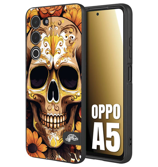 CUSTOMIZZA - Custodia cover nera morbida in tpu compatibile per Oppo A5 teschio messicano colorato dorato fiori tattoo disegnato