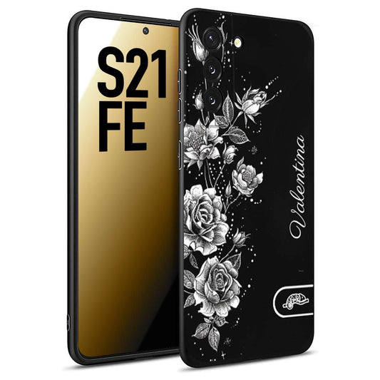 CUSTOMIZZA - Custodia cover nera morbida in tpu compatibile per Samsung S21 FE personalizzata rilievo soft touch nome rose fiori donna