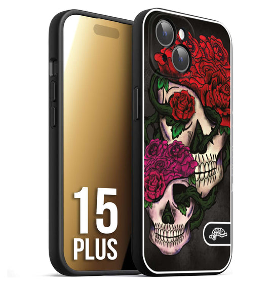 CUSTOMIZZA - Custodia cover nera morbida in tpu compatibile per iPhone 15 PLUS teschi e rose rosse fucsia skull and roses