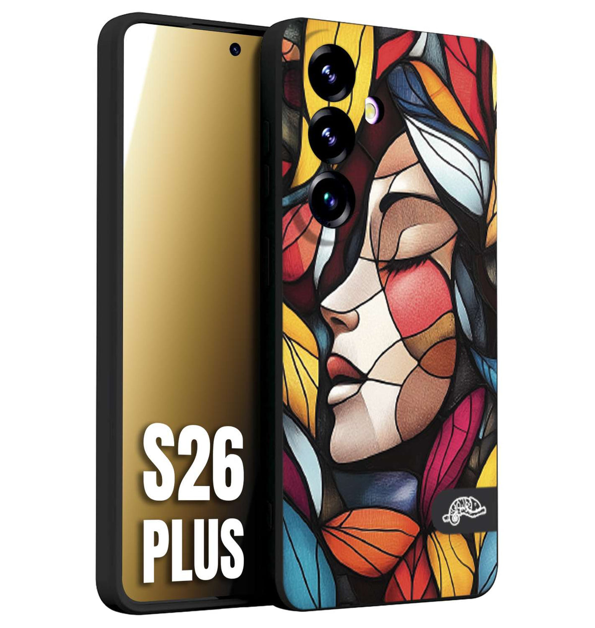 CUSTOMIZZA - Custodia cover nera morbida in tpu compatibile per Samsung S26 PLUS Vetrata artistica volto di donna profilo fogliare mosaico di vetro colorato