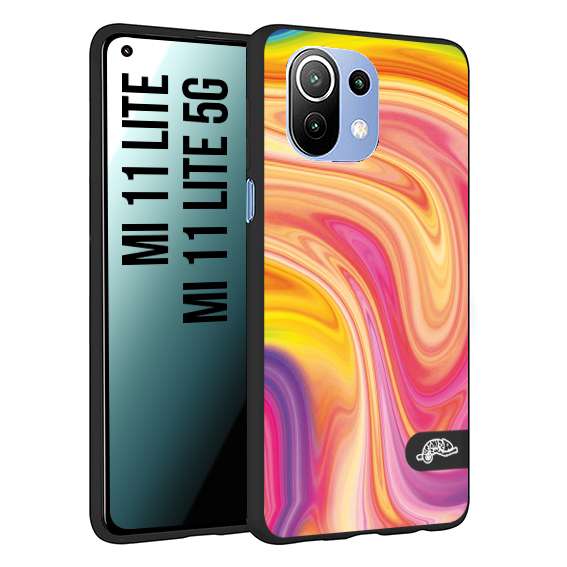 CUSTOMIZZA - Custodia cover nera morbida in tpu compatibile per Xiaomi Mi 11 Lite / Mi 11 Lite 5G colorata fantasia vortice marmo onde rosa fucsia gialla