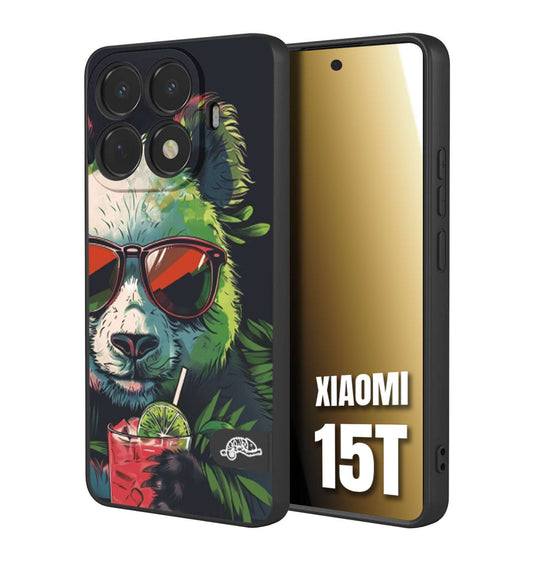CUSTOMIZZA - Custodia cover nera morbida in tpu compatibile per Xiaomi 15T estate disegnata cocktails animali simpatici panda mojito