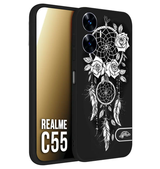 CUSTOMIZZA - Custodia cover nera morbida in tpu compatibile per Realme C55 acchiappasogni dreamcatcher black and white bianco a rilievo disegnato tattoo tatuaggio