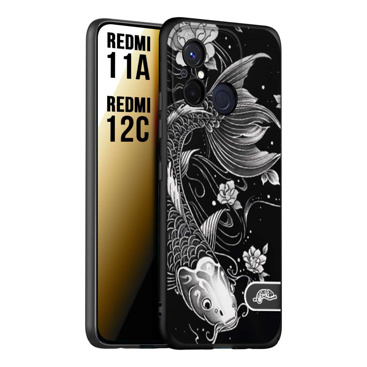 CUSTOMIZZA - Custodia cover nera morbida in tpu compatibile per Xiaomi Redmi 11A - 12C carpa koi black and white bianco a rilievo disegnato tattoo tatuaggio