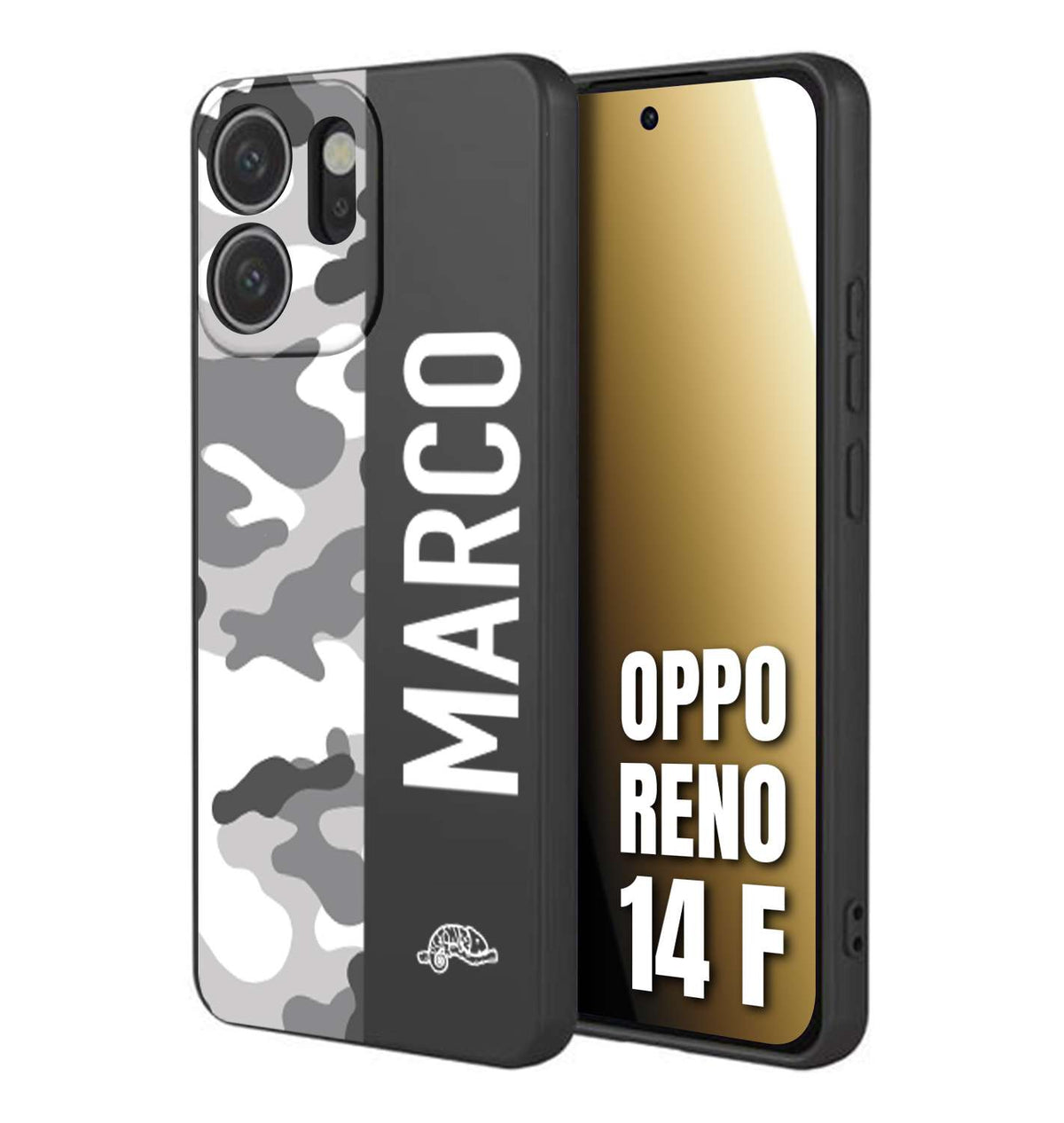 CUSTOMIZZA - Custodia cover nera morbida in tpu compatibile per Oppo Reno 14 F camouflage mimetico militare personalizzata nome bianco