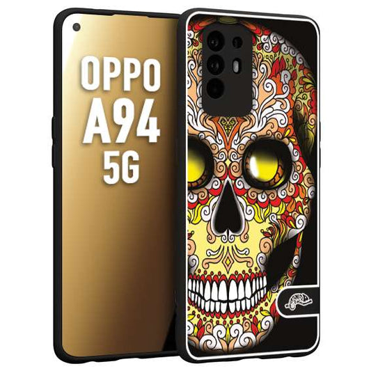 CUSTOMIZZA - Custodia cover nera morbida in tpu compatibile per Oppo A94 5G teschio messicano Mexican skull giallo rosso arancio