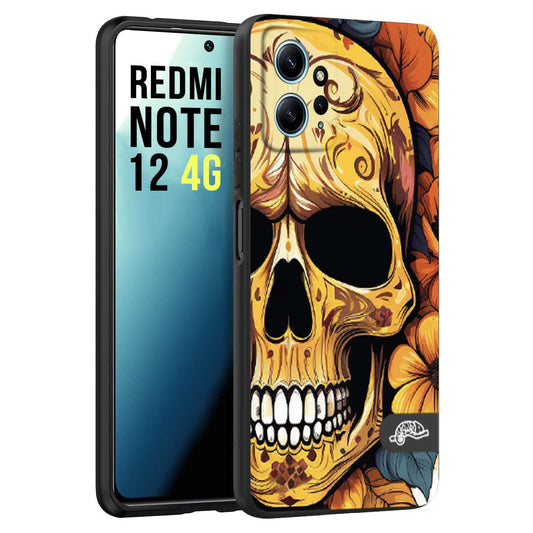 CUSTOMIZZA - Custodia cover nera morbida in tpu compatibile per Xiaomi Redmi Note 12 4G teschio messicano colorato dorato fiori autunnali disegnato