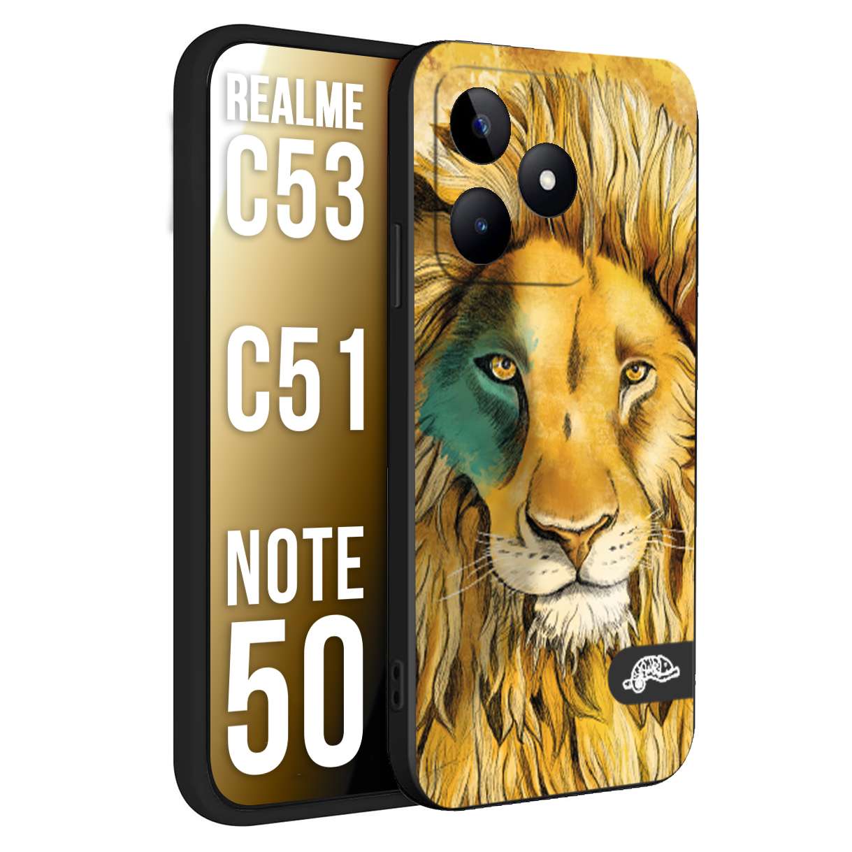 CUSTOMIZZA - Custodia cover nera morbida in tpu compatibile per Oppo Realme C53 - C51 - NOTE 50 leone lion disegnato a mano giallo blu a rilievo artistico brown