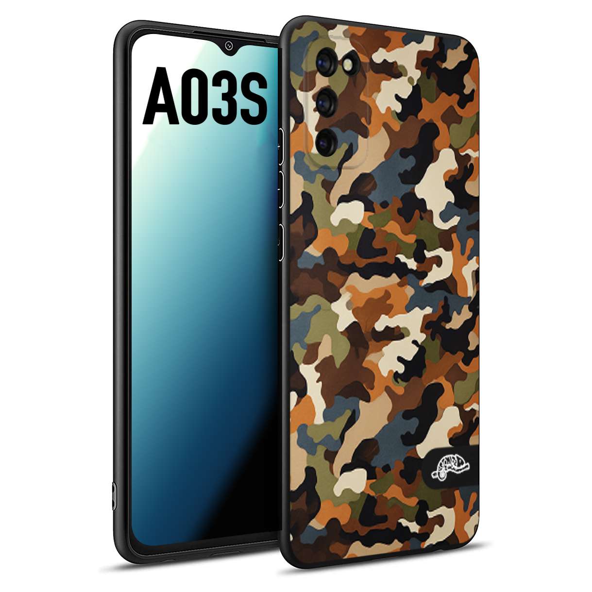 CUSTOMIZZA - Custodia cover nera morbida in tpu compatibile per Samsung A03S camouflage mimetico militare moderno blu marrone beige