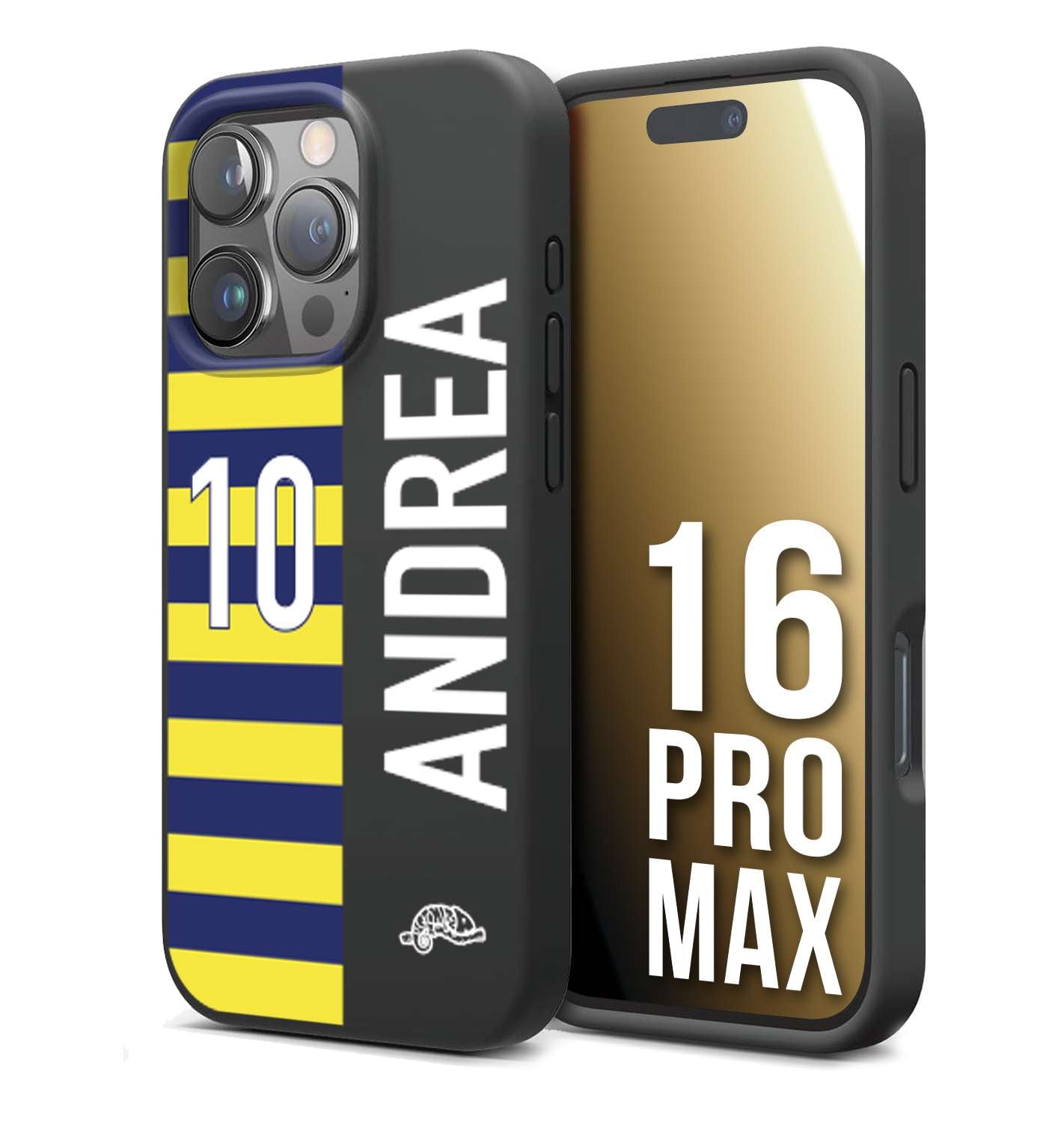 CUSTOMIZZA - Custodia cover nera morbida in tpu compatibile per iPhone 16 PRO MAX personalizzata calcio football nome e numero calciatori giallo blu