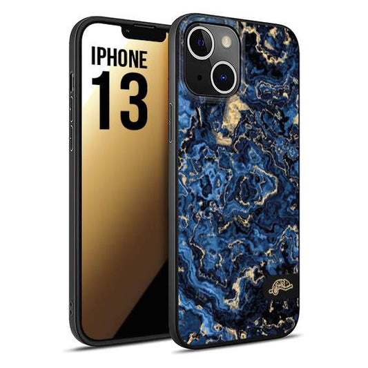 CUSTOMIZZA - Custodia cover nera morbida in tpu compatibile per iPhone 13 effetto marmo marble blu venature dorato psichedelico