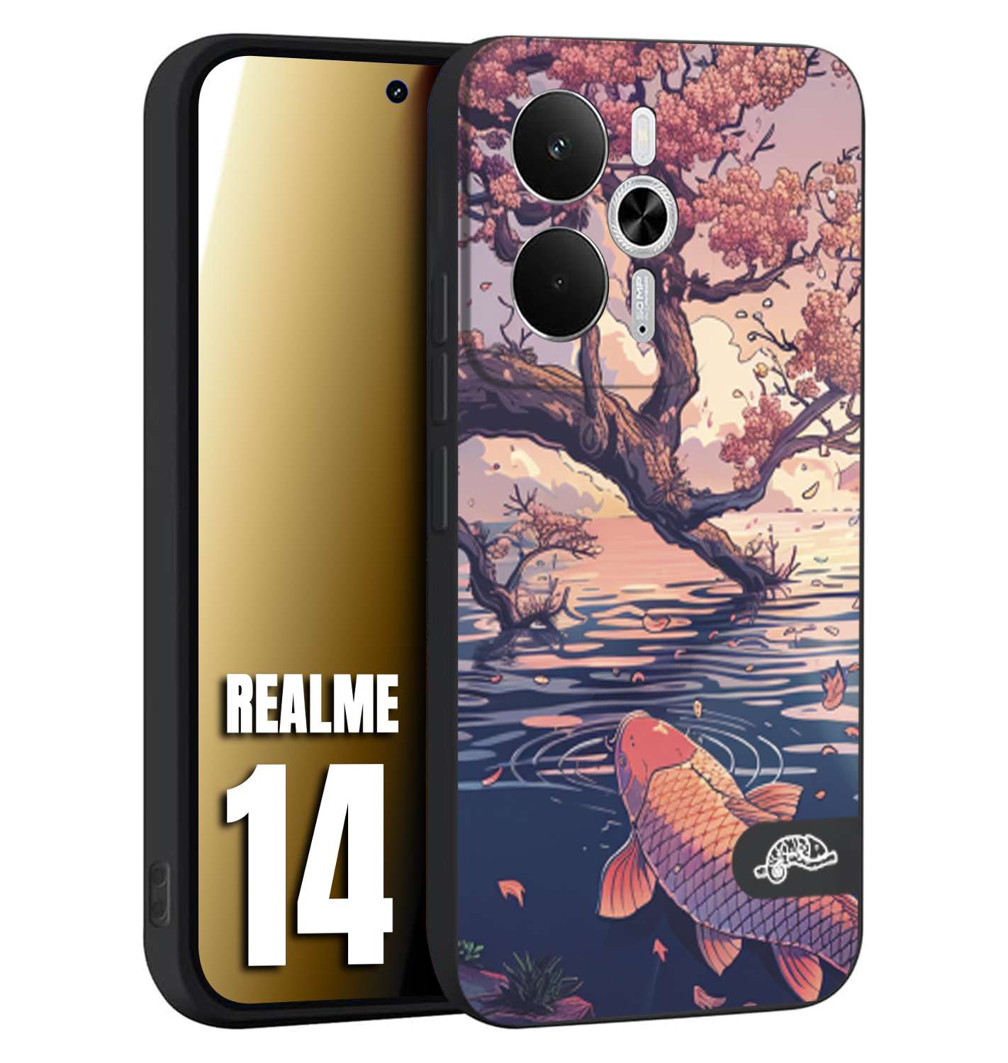 CUSTOMIZZA - Custodia cover nera morbida in tpu compatibile per Realme 14 5G giapponese lago carpa koi rosa con foglie d'acero disegnata tattoo