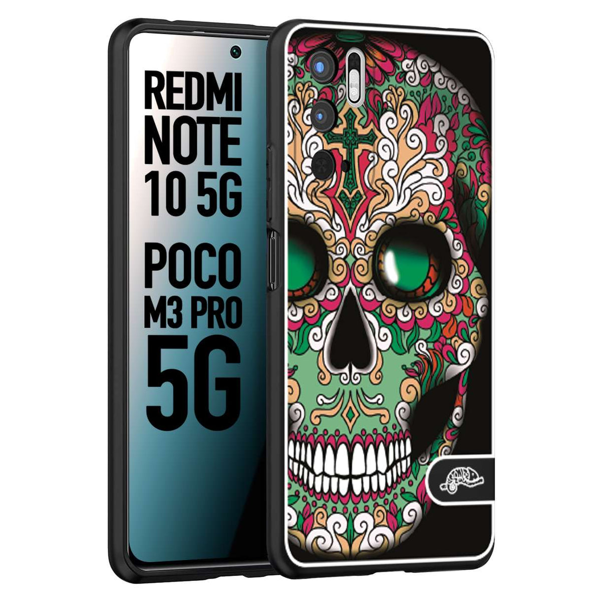 CUSTOMIZZA - Custodia cover nera morbida in tpu compatibile per Xiaomi Redmi Note 10 5G - Poco M3 Pro 5G teschio messicano Mexican skull verde fucsia
