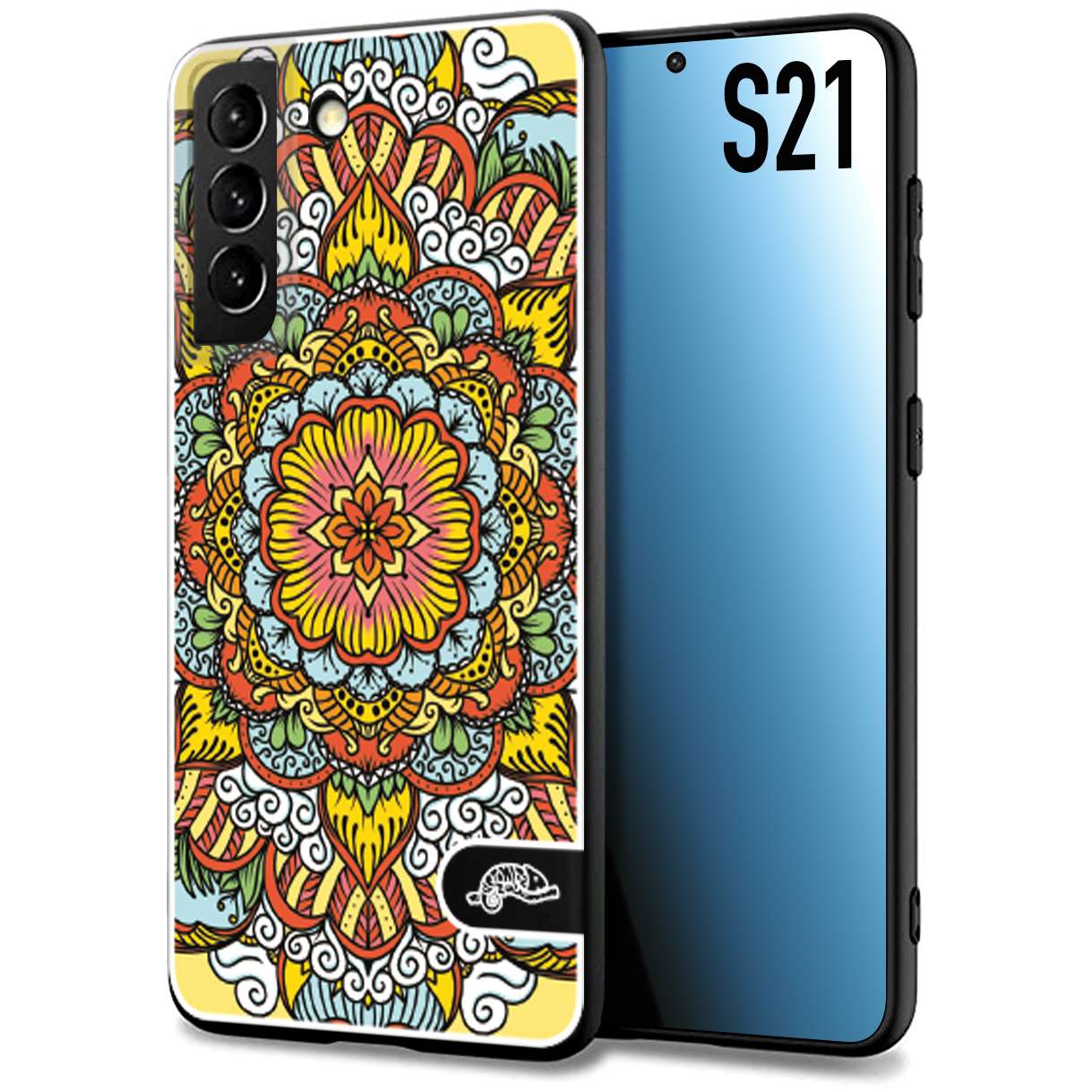 CUSTOMIZZA - Custodia cover nera morbida in tpu compatibile per Samsung S21 mandala colorato fiore nuvole arancione