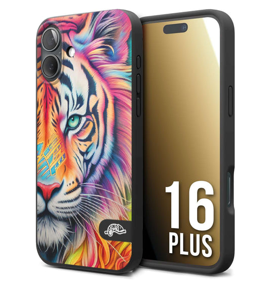 CUSTOMIZZA - Custodia cover nera morbida in tpu compatibile per iPhone 16 PLUS animali color tigre tiger viso colori vibranti disegnato schizzo