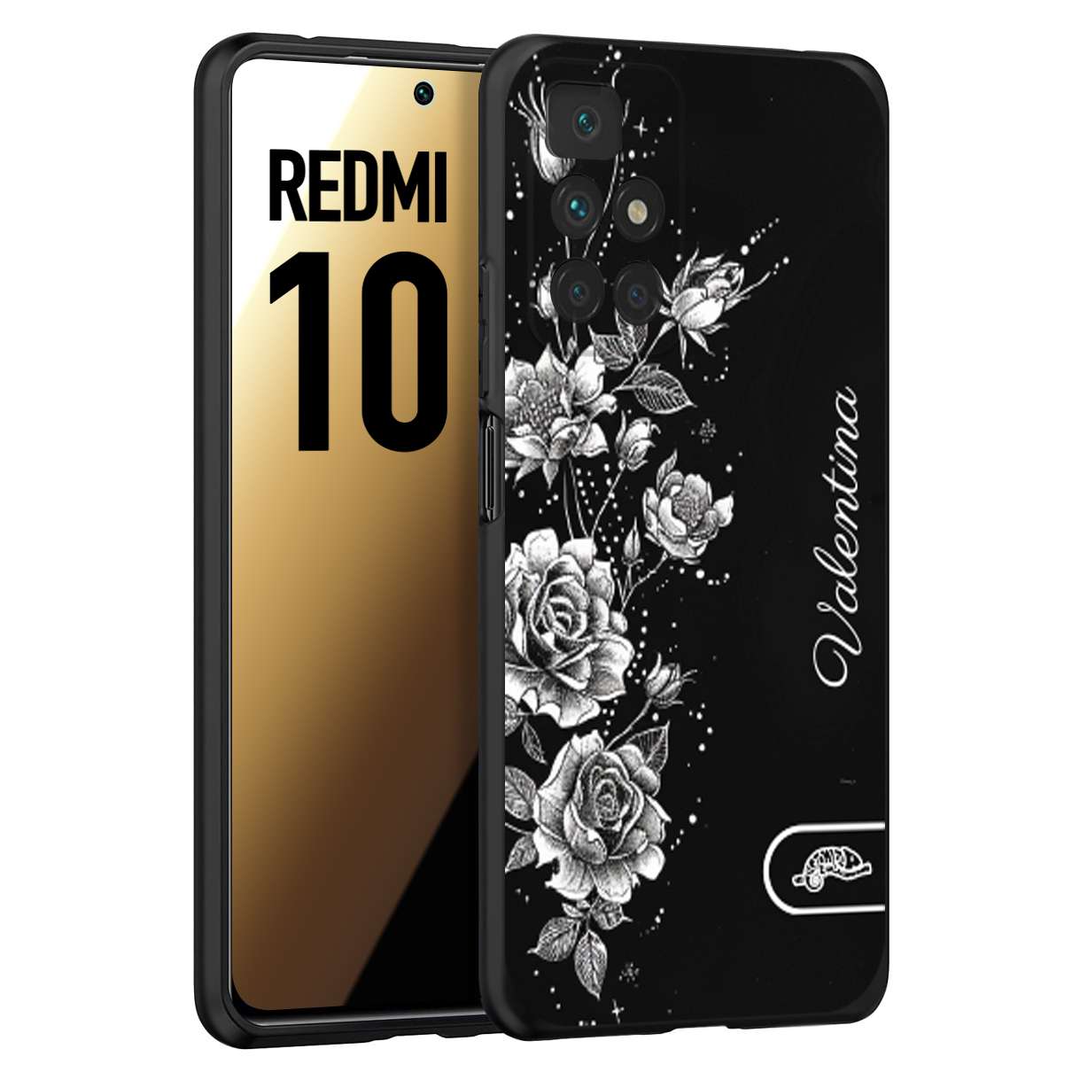 CUSTOMIZZA - Custodia cover nera morbida in tpu compatibile per Xiaomi Redmi 10 a rilievo soft touch personalizzata nome rose fiori donna