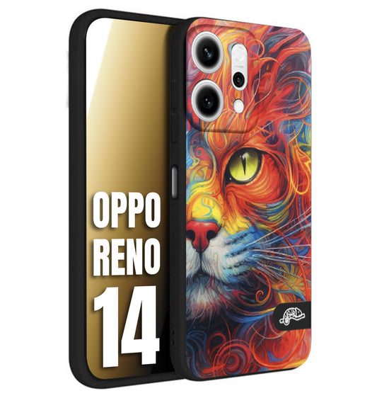 CUSTOMIZZA - Custodia cover nera morbida in tpu compatibile per Oppo Reno 14 animali color cat gatto viso colori vibranti disegnato schizzo