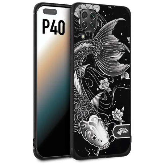 CUSTOMIZZA - Custodia cover nera morbida in tpu compatibile per Huawei P40 carpa koi black and white bianco a rilievo disegnato tattoo tatuaggio