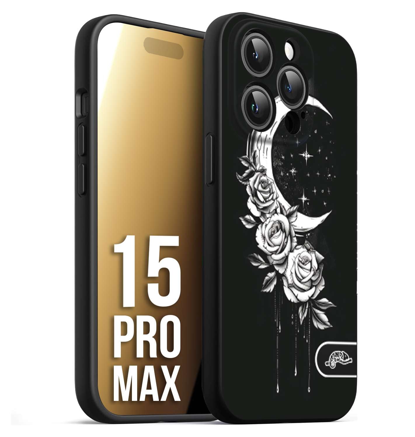 CUSTOMIZZA - Custodia cover nera morbida in tpu compatibile per iPhone 15 PRO MAX luna e fiori moon flowers black and white bianco a rilievo disegnato tattoo tatuaggio