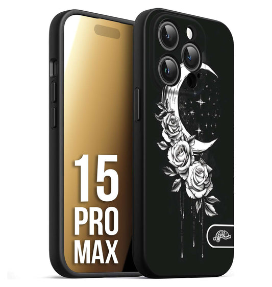 CUSTOMIZZA - Custodia cover nera morbida in tpu compatibile per iPhone 15 PRO MAX luna e fiori moon flowers black and white bianco a rilievo disegnato tattoo tatuaggio