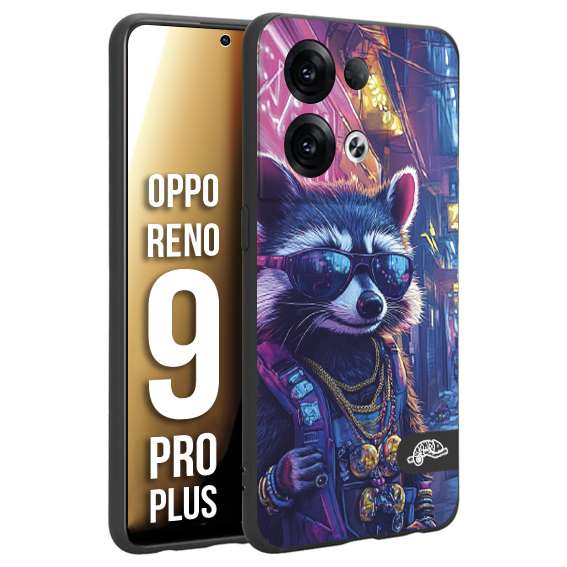 CUSTOMIZZA - Custodia cover nera morbida in tpu compatibile per Oppo Reno 9 PRO PLUS animali simpatici cyberpunk procione racoon street cat fucsia blu giallo