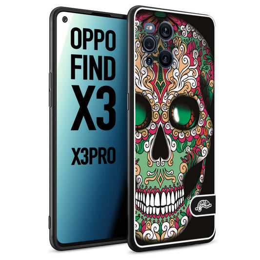 CUSTOMIZZA - Custodia cover nera morbida in tpu compatibile per Oppo Find X3 - Find X3 Pro 5G teschio messicano Mexican skull verde fucsia