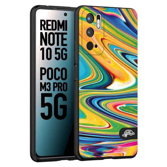 CUSTOMIZZA - Custodia cover nera morbida in tpu compatibile per Xiaomi Redmi Note 10 5G - Poco M3 Pro 5G colorata fantasia vortice marmo arcobaleno gialla verde blu