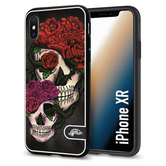 CUSTOMIZZA - Custodia cover nera morbida in tpu compatibile per iPhone XR teschi e rose rosse fucsia skull and roses