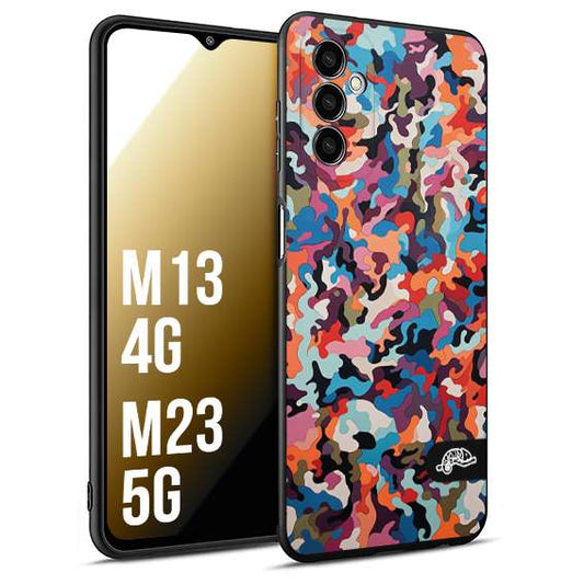 CUSTOMIZZA - Custodia cover nera morbida in tpu compatibile per Samsung M13 4G - M23 5G camouflage mimetico militare moderno blu arancio rosa