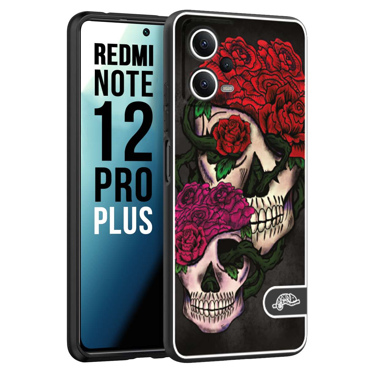 CUSTOMIZZA - Custodia cover nera morbida in tpu compatibile per Xiaomi Redmi Note 12 PRO PLUS teschi e rose rosse fucsia skull and roses